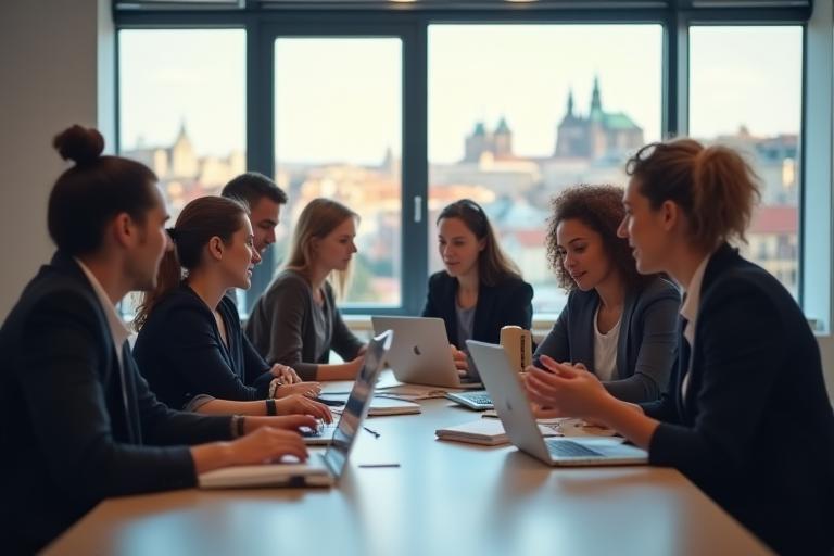 ArtMedia Communications team collaborating in their Prague office.