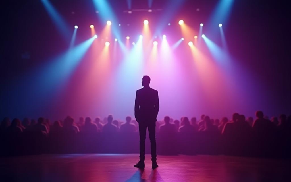 Artist on stage with vibrant lights, representing visibility.